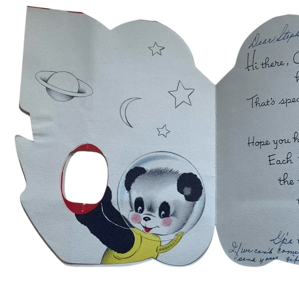 Vintage 1950’s Panda Spaceship Pilot Birthday  Card Grandson Paper Ephemera